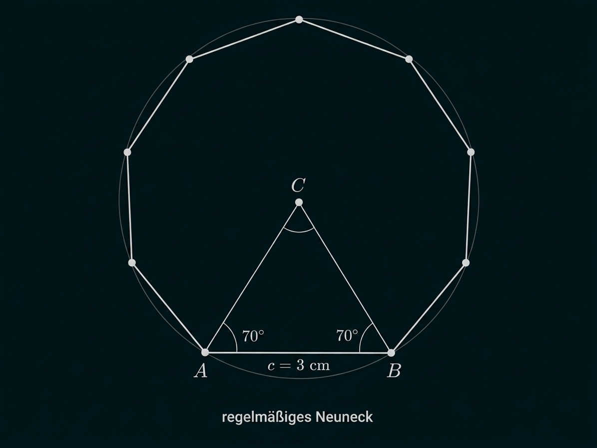 Regelmäßiges Neuneck mit Winkelangaben und Seitenlänge c = 3 cm